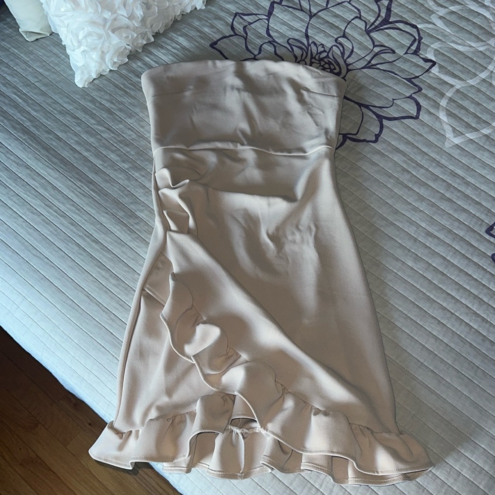 Princess Polly strapless tan dress with ruffles